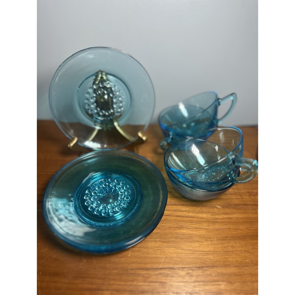Hazel Atlas Capri Hobnail Salad Plate Blue 6" Plus 4‎ Punch Cups